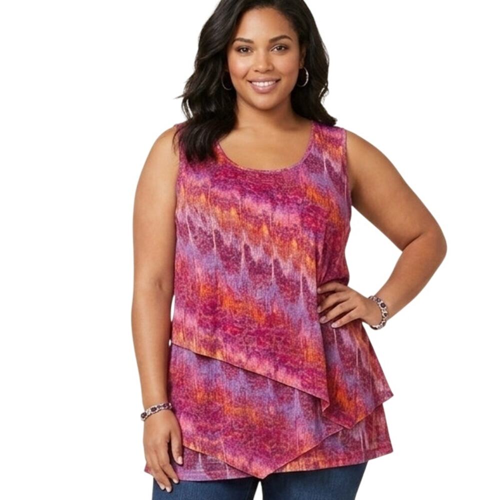 Liz & Me for Catherines Tiered Tank Womens Size 1X Multicolor Artsy Tie Dye Top